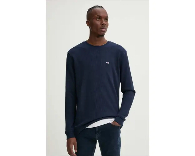 Tommy Jeans longsleeve barbati, culoarea albastru marin, neted, DM0DM19216