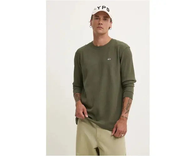 Tommy Jeans longsleeve barbati, culoarea verde, neted, DM0DM19216