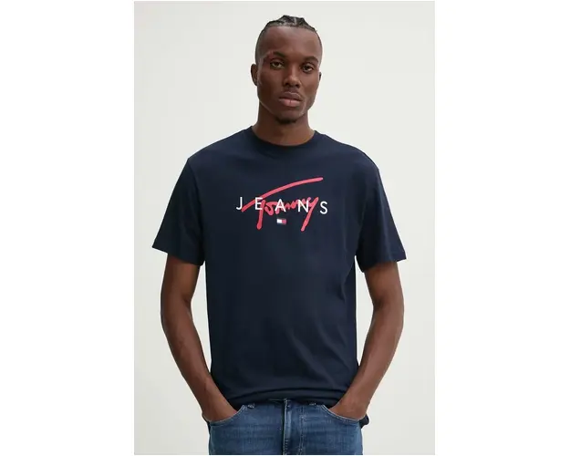 Tommy Jeans tricou din bumbac barbati, culoarea albastru marin, cu imprimeu, DM0DM19683