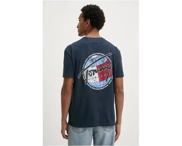 Tommy Jeans tricou din bumbac barbati, culoarea albastru marin, cu imprimeu, DM0DM19708