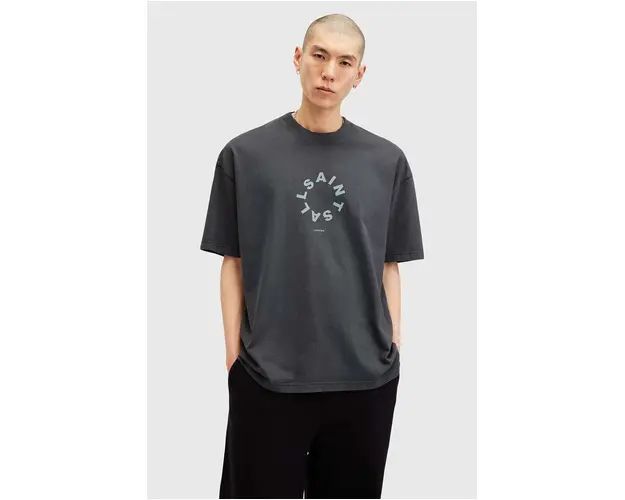 AllSaints tricou din bumbac TIERRA SS CREW barbati, culoarea albastru marin, cu imprimeu, M072PB