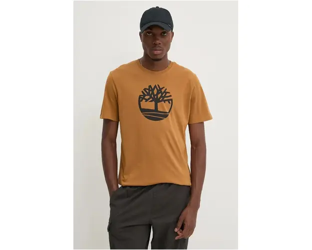 Timberland tricou din bumbac barbati, culoarea maro, cu imprimeu, TB0A2C2RP471