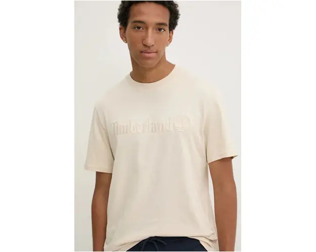 Timberland tricou din bumbac barbati, culoarea bej, cu imprimeu, TB0A6VPEEFL1