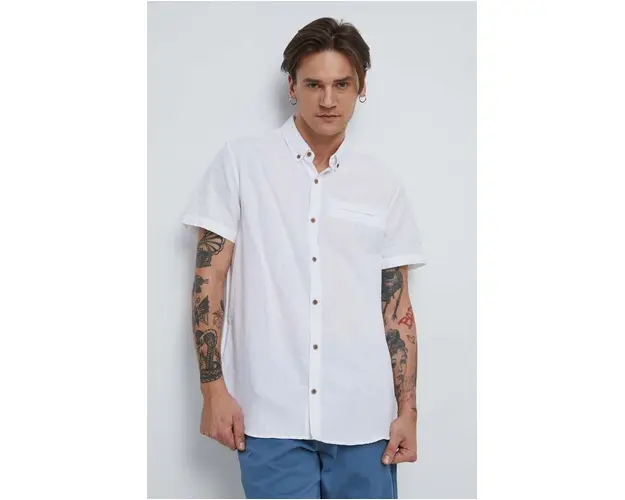 Medicine camasa de in barbati, culoarea alb, cu guler button-down, regular