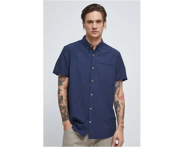 Medicine camasa de in barbati, culoarea bleumarin, cu guler button-down, regular