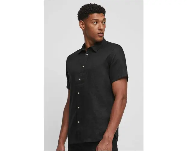 Medicine camasa de in barbati, culoarea negru, cu guler clasic, regular