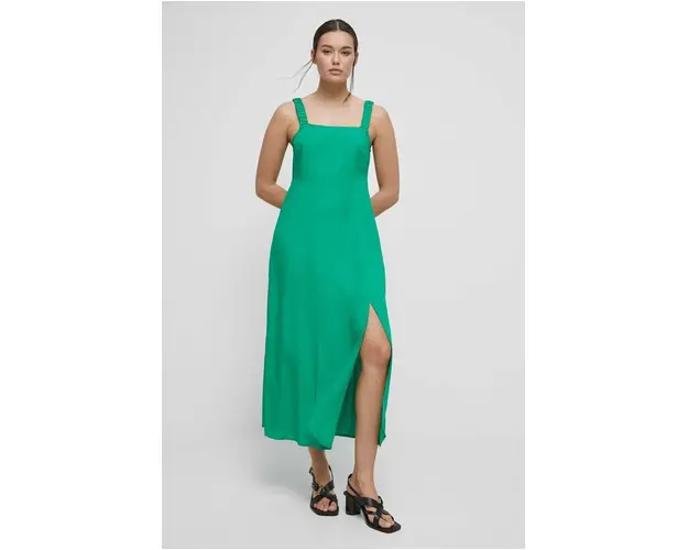 Medicine rochie din amestec de in culoarea verde, maxi, evazati