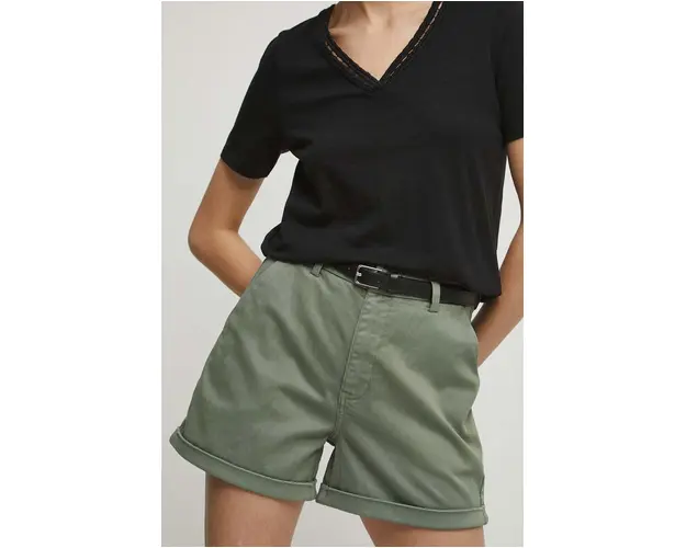 Medicine pantaloni scurti femei, culoarea verde, neted, medium waist