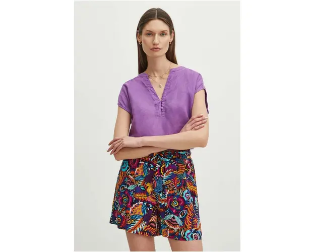 Medicine bluza din in femei, culoarea violet, neted