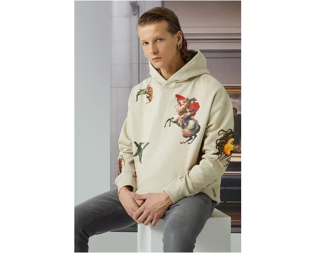 Medicine bluza barbati, culoarea bej, cu gluga, cu imprimeu