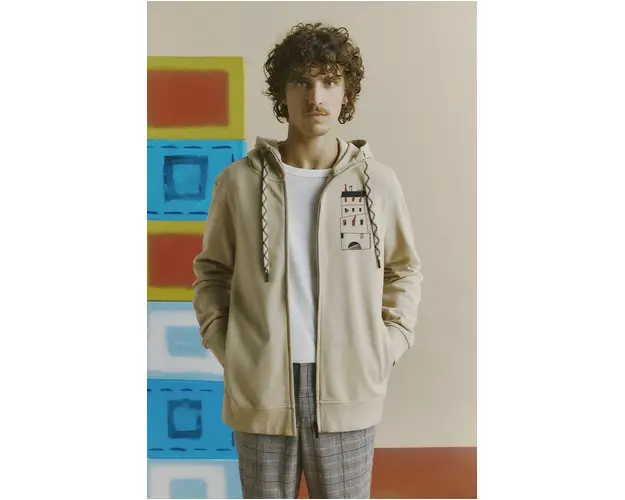 Medicine bluza barbati, culoarea bej, cu gluga, cu imprimeu