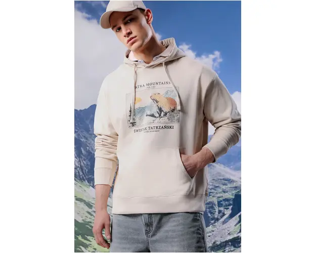 Medicine bluza barbati, culoarea bej, cu gluga, cu imprimeu