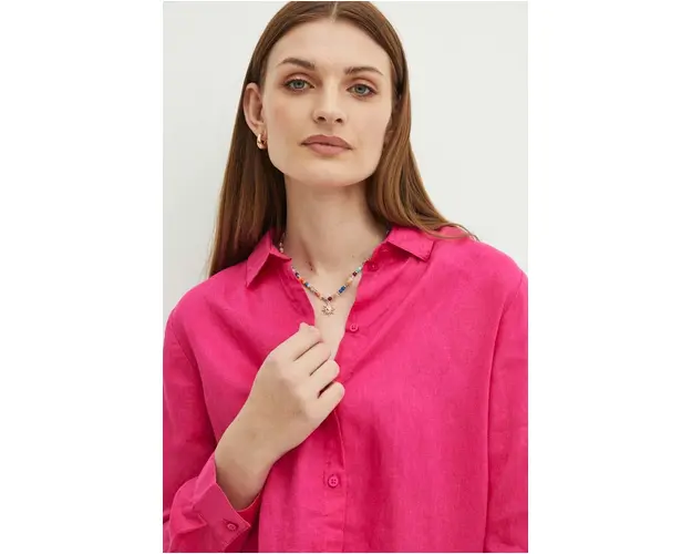 Medicine camasa de in femei, culoarea roz, cu guler clasic, regular