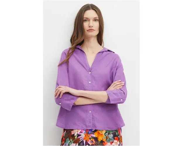 Medicine camasa de in femei, culoarea violet, cu guler clasic, relaxed