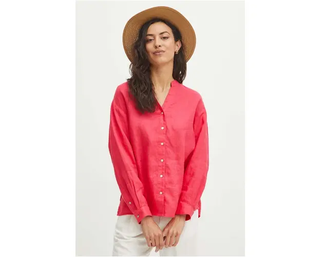 Medicine camasa de in femei, culoarea portocaliu, cu guler stand-up, relaxed