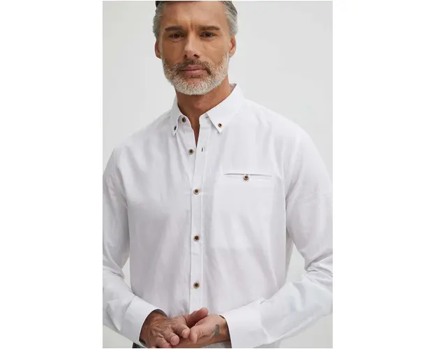 Medicine camasa de in barbati, culoarea alb, cu guler button-down, regular