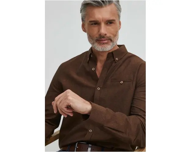 Medicine camasa de in barbati, culoarea maro, cu guler button-down, regular