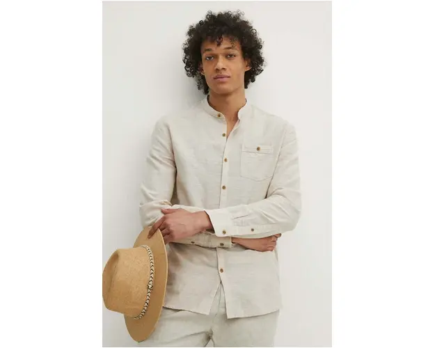 Medicine camasa barbati, culoarea bej, cu guler stand-up, regular