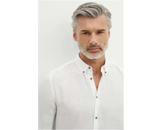 Medicine camasa de in barbati, culoarea alb, cu guler button-down, slim