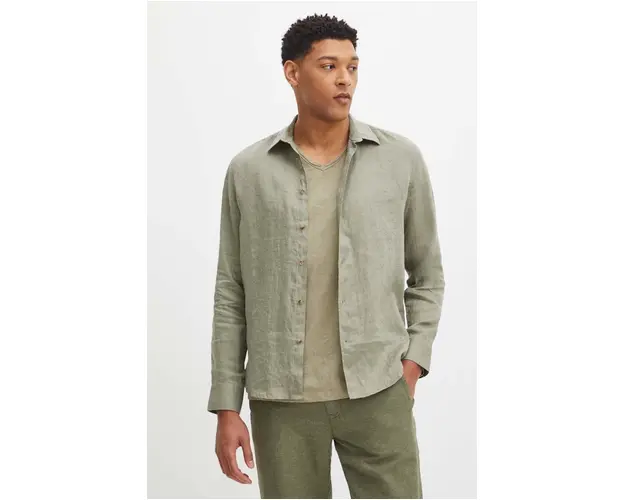 Medicine camasa de in barbati, culoarea verde, cu guler clasic, regular