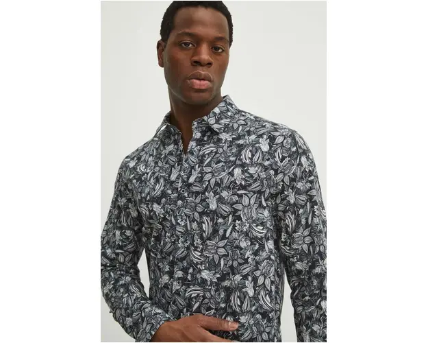 Medicine camasa barbati, culoarea negru, cu guler clasic, slim