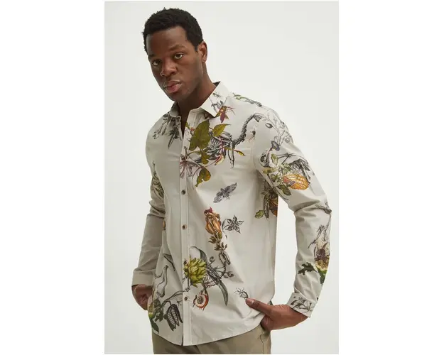 Medicine camasa din bumbac barbati, culoarea bej, cu guler clasic, regular