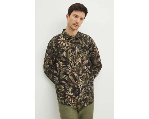 Medicine camasa de in barbati, culoarea negru, cu guler clasic, regular