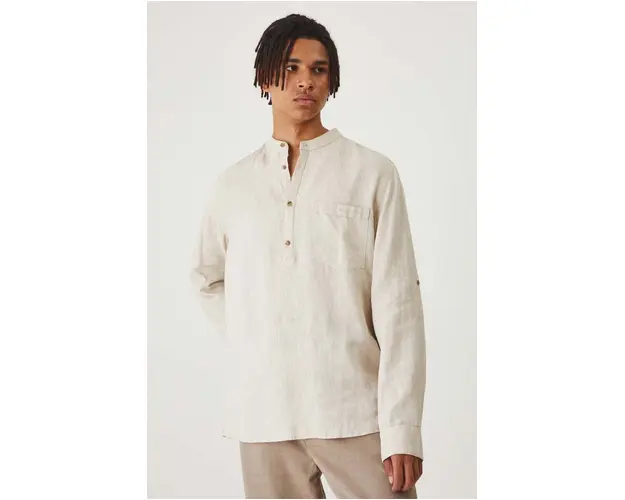 Medicine camasa de in barbati, culoarea bej, cu guler stand-up, regular