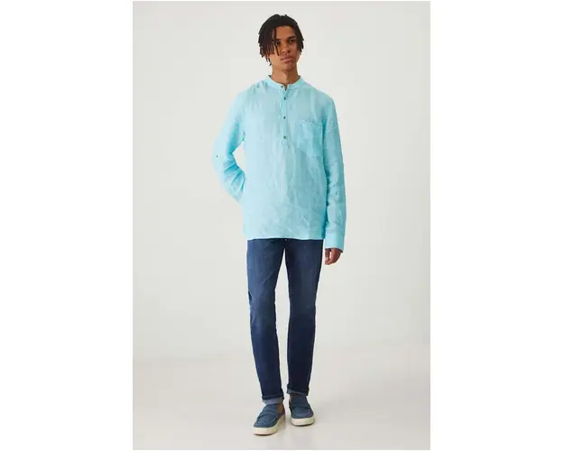 Medicine camasa de in barbati, culoarea turcoaz, cu guler stand-up, regular