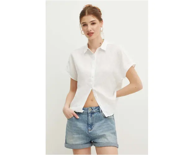 Medicine camasa de in femei, culoarea alb, cu guler clasic, regular