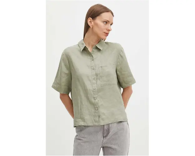 Medicine camasa de in femei, culoarea verde, cu guler clasic, relaxed