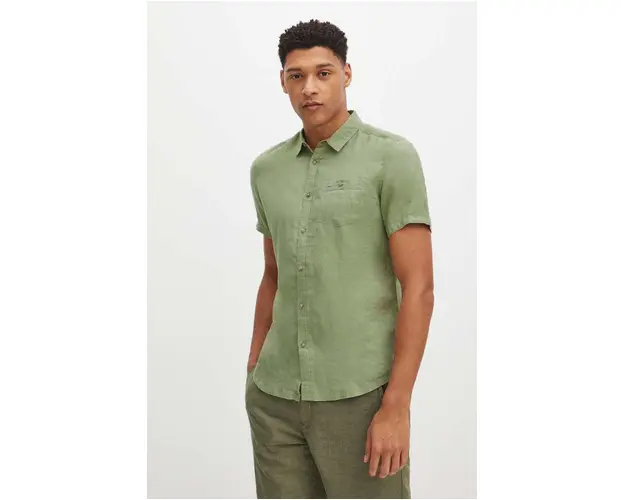 Medicine camasa de in barbati, culoarea verde, cu guler clasic, regular