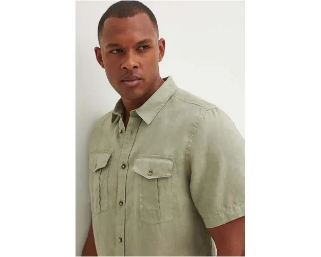 Medicine camasa de in barbati, culoarea verde, cu guler clasic, regular