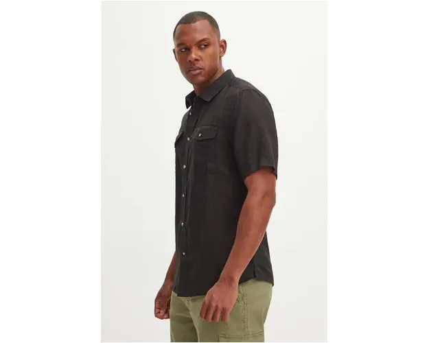 Medicine camasa de in barbati, culoarea negru, cu guler clasic, regular