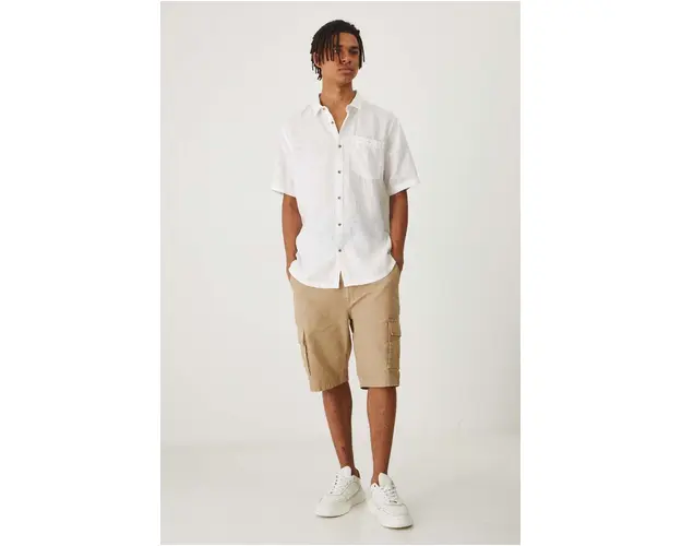 Medicine camasa de in barbati, culoarea alb, cu guler clasic, regular