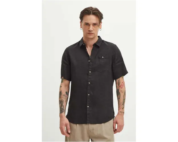 Medicine camasa de in barbati, culoarea negru, cu guler clasic, regular