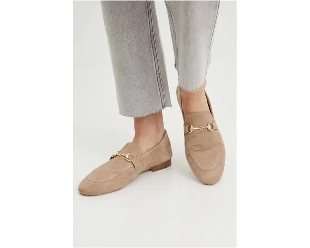 Medicine mocasini din piele intoarsa femei, culoarea bej, cu toc plat