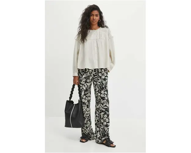 Medicine pantaloni femei, culoarea negru, lat, high waist