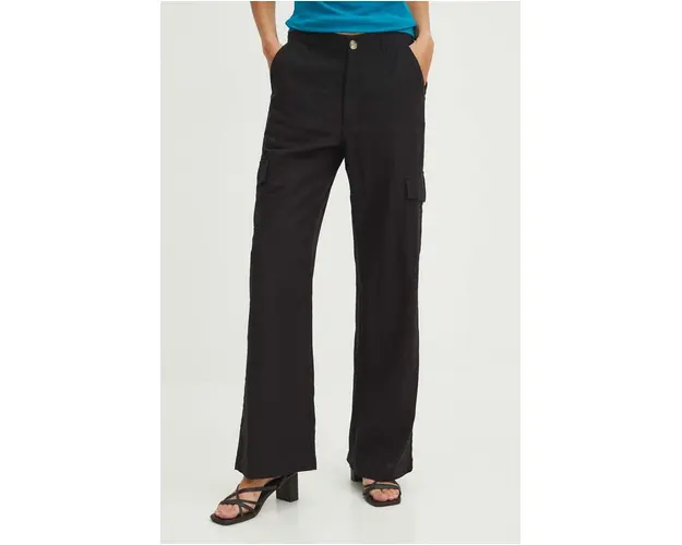 Medicine pantaloni din in femei, culoarea negru, lat, high waist