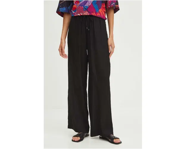 Medicine pantaloni femei, culoarea negru, lat, high waist