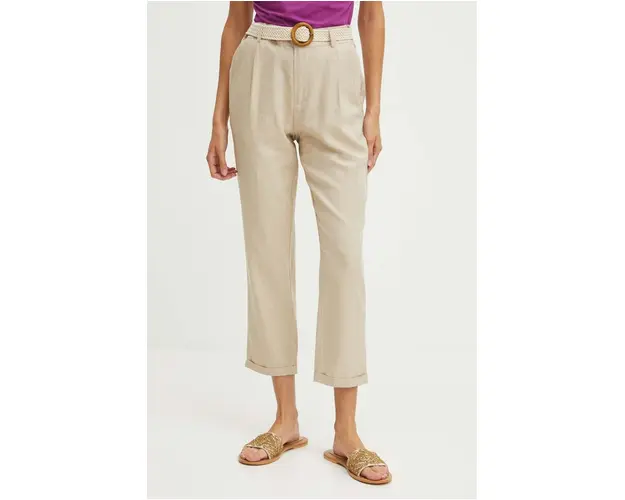 Medicine pantaloni din in culoarea bej, fason chinos, high waist