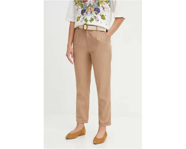 Medicine pantaloni din in culoarea bej, fason chinos, high waist