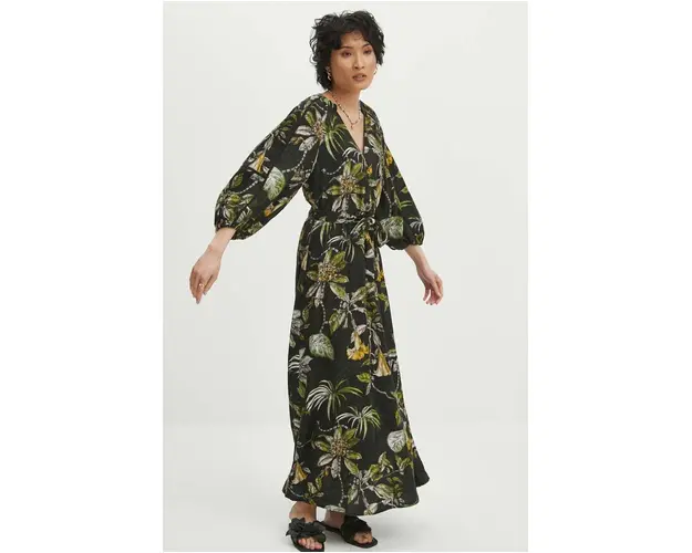 Medicine rochie din amestec de in culoarea negru, maxi, evazati