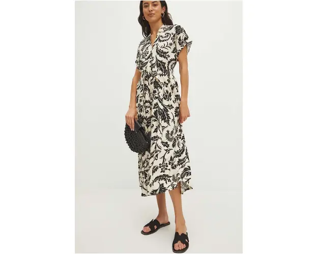 Medicine rochie din amestec de in culoarea bej, midi, evazati