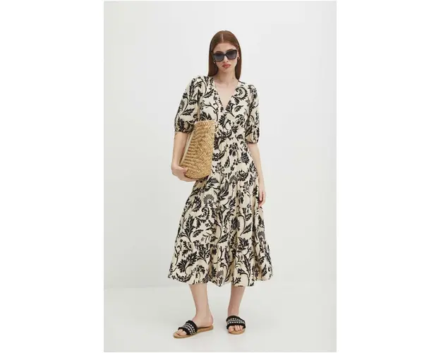 Medicine rochie din in culoarea bej, midi, evazati