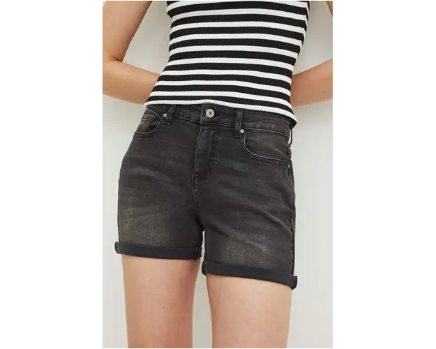 Medicine pantaloni scurti jeans femei, culoarea negru, neted, medium waist