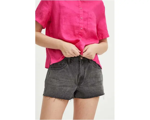 Medicine pantaloni scurti din bumbac femei, culoarea gri, neted, medium waist