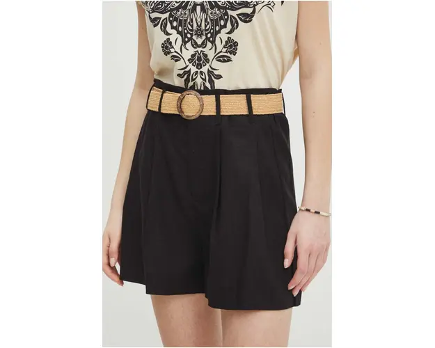 Medicine pantaloni scurti din in femei, culoarea negru, neted, high waist