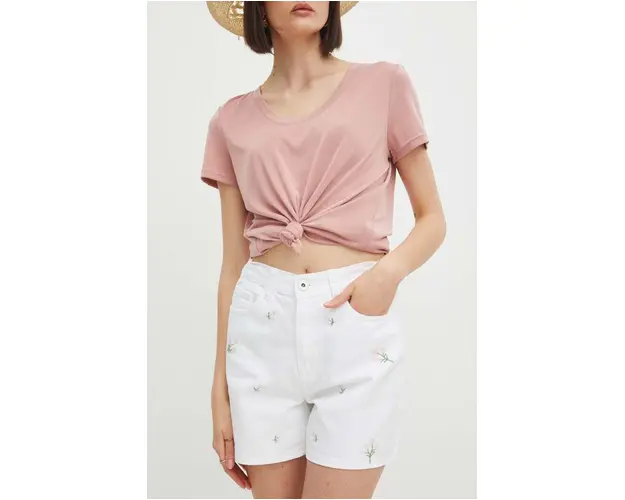 Medicine pantaloni scurti jeans femei, culoarea alb, cu imprimeu, high waist