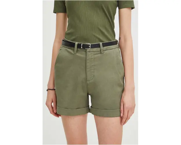 Medicine pantaloni scurti femei, culoarea verde, neted, medium waist